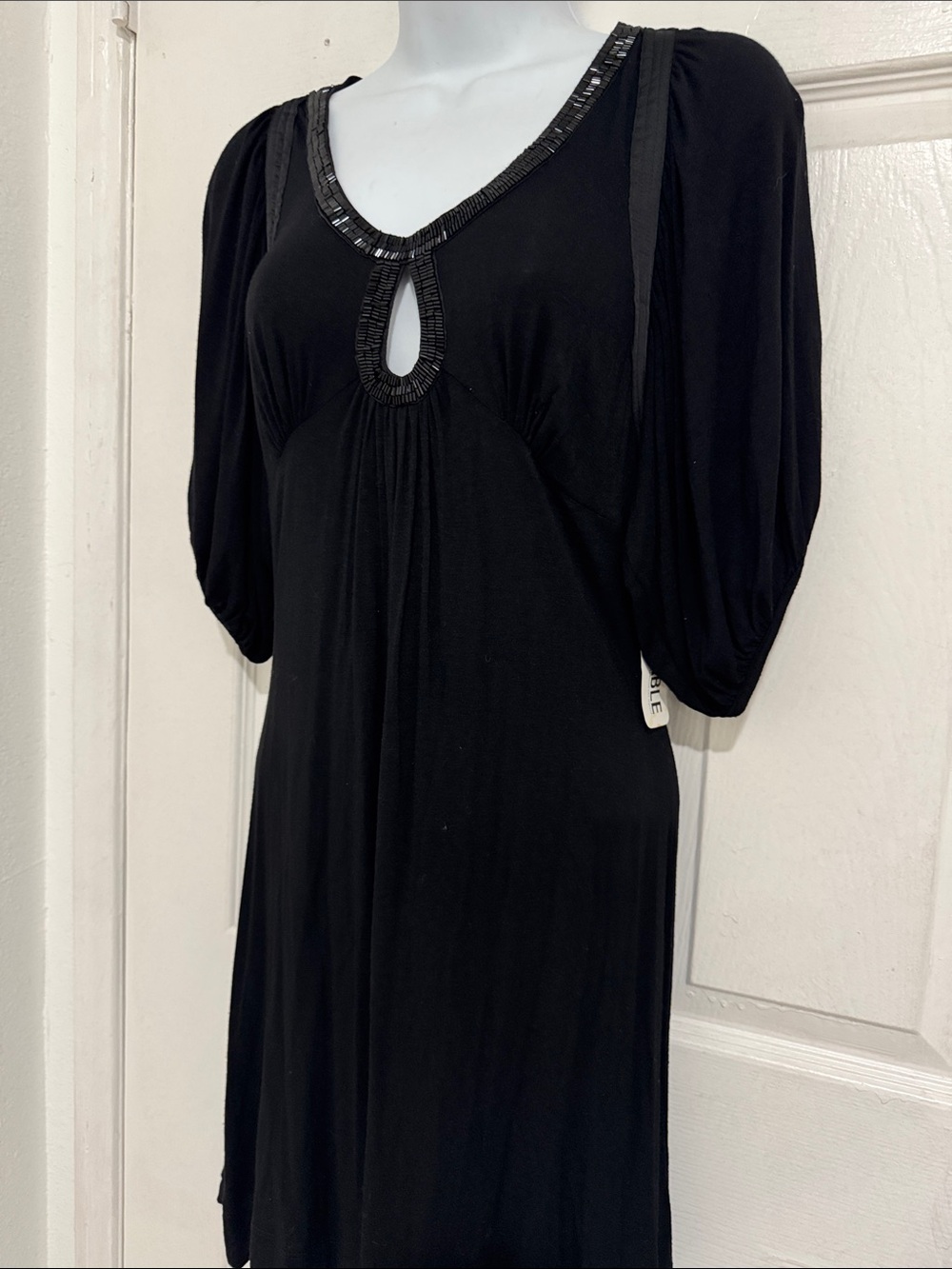 Black V-Neck Keyhole Midi Dress with Beaded Trim S